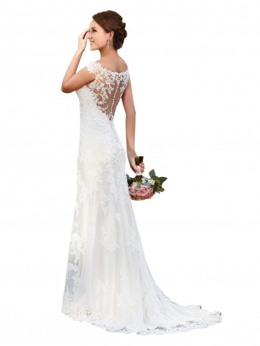 Best Illusion Bateau Neckline Fit and Flare Lace Wedding Dress UK
