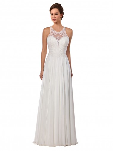 Best Illusion Neck A-Line Lace and Chiffon Beach Wedding Dress UK