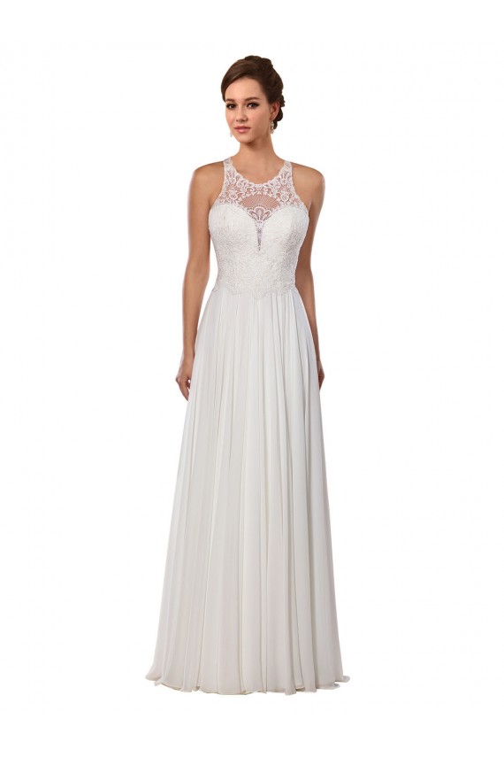 Best Illusion Neck A-Line Lace and Chiffon Beach Wedding Dress UK