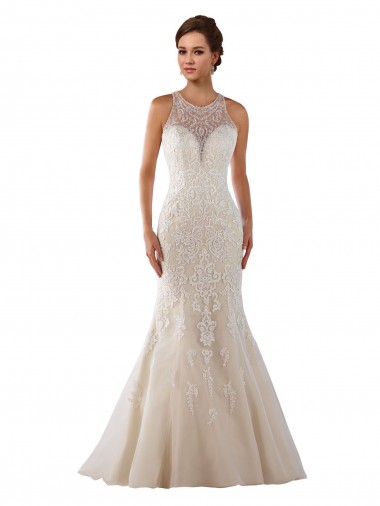 Best High Neck Mermaid Lace Wedding Dress with Illusion Back UK