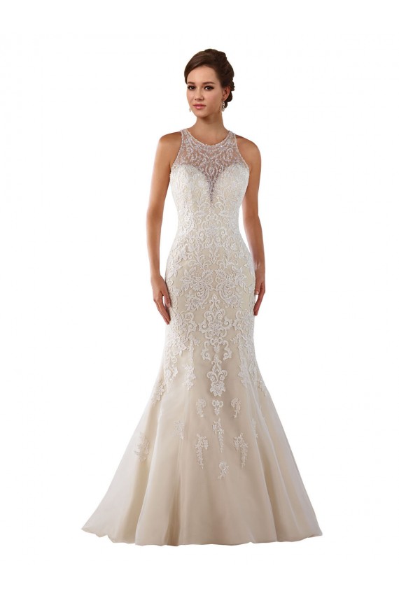 Best High Neck Mermaid Lace Wedding Dress with Illusion Back UK