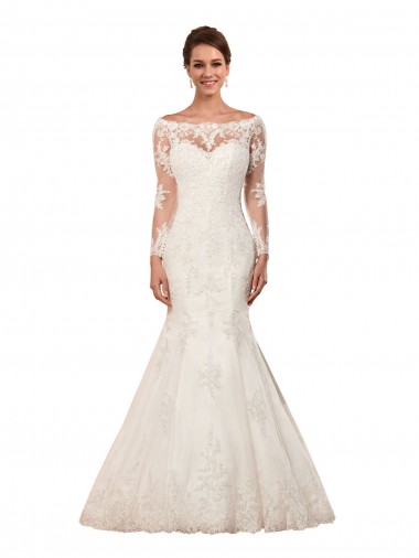 Best Long Sleeves Mermaid Lace Wedding Dress with Illusion Back UK