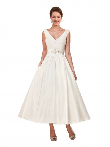 Best V-Neck A-Line Short Ankle Length Satin Wedding Dress UK