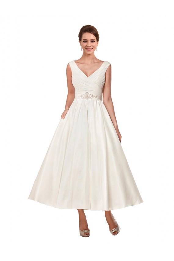 Best V-Neck A-Line Short Ankle Length Satin Wedding Dress UK