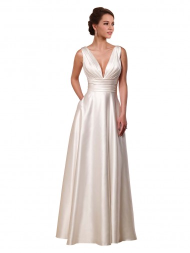 Best Deep V-Neck A-Line Satin Wedding Dress with Pockets UK