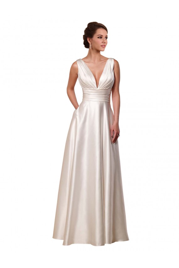 Best Deep V-Neck A-Line Satin Wedding Dress with Pockets UK