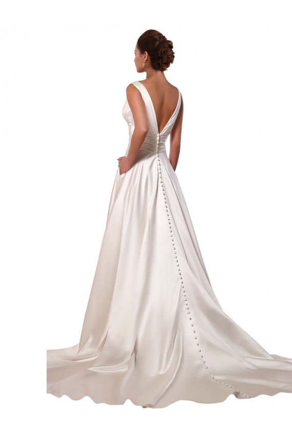 Best Deep V-Neck A-Line Satin Wedding Dress with Pockets UK