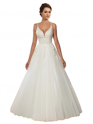 Best Modern Spaghetti Straps Ball Gown Tulle Wedding Dress with Lace Bodice UK