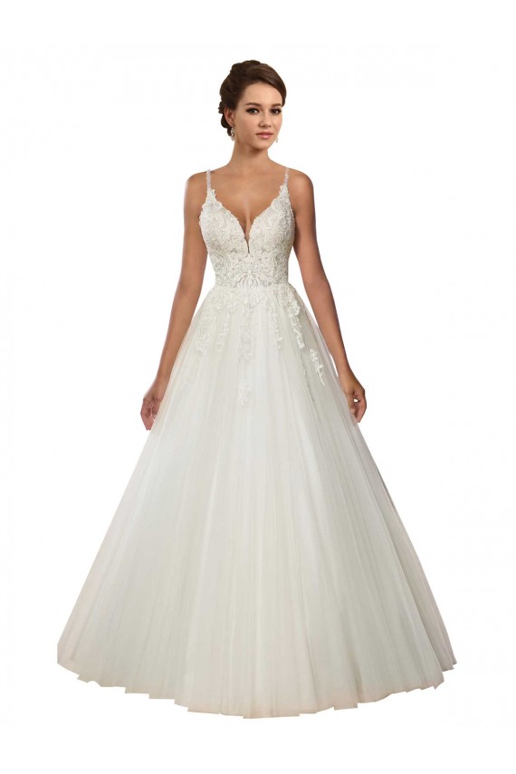 Best Modern Spaghetti Straps Ball Gown Tulle Wedding Dress with Lace Bodice UK