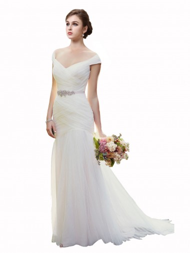 Best Cap Sleeves Off the Shoulder Ruched Mermaid Tulle Beach Wedding Dress UK