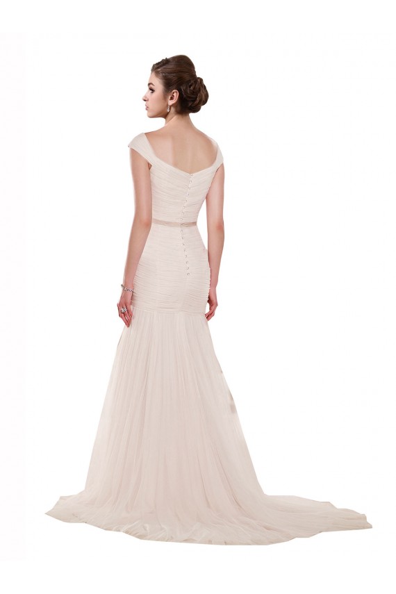 Best Cap Sleeves Off the Shoulder Ruched Mermaid Tulle Beach Wedding Dress UK