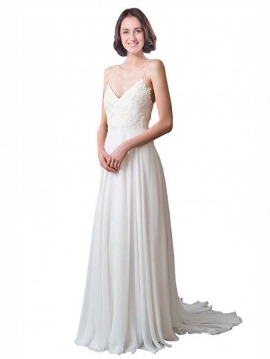 Best Spaghetti Straps V-Neck A-Line Chiffon Beach Wedding Dress UK