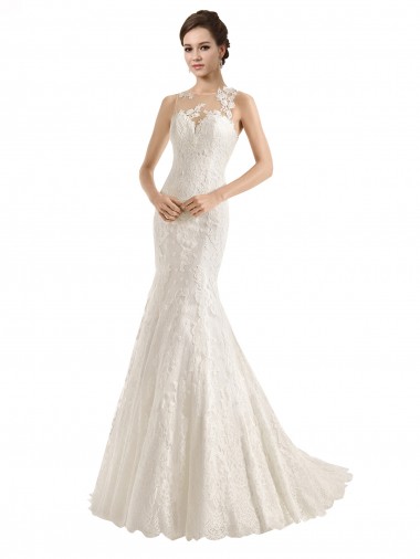 Best Illusion Neck Mermaid All Over Lace Wedding Dress UK