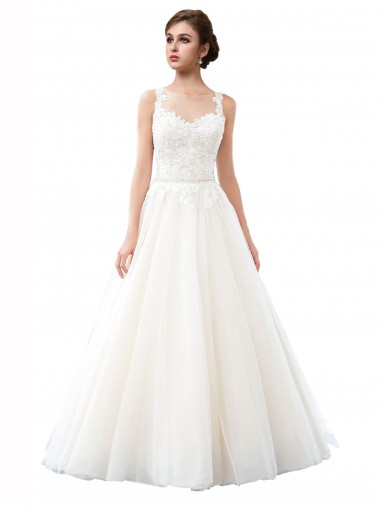 Best Illusion Neck A-Line Tulle Beach Wedding Dress with Lace Bodice UK