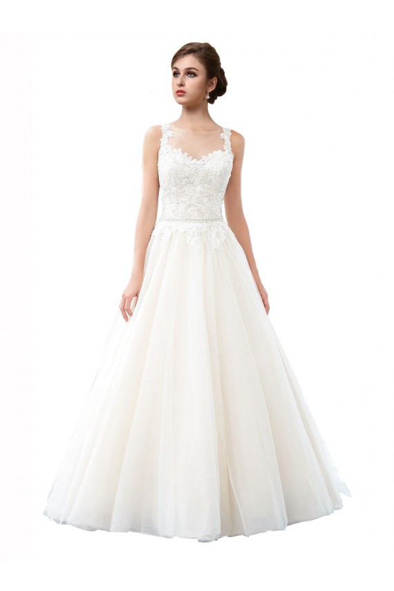 Best Illusion Neck A-Line Tulle Beach Wedding Dress with Lace Bodice UK
