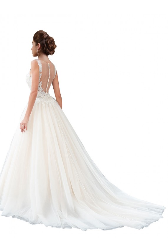 Best Illusion Neck A-Line Tulle Beach Wedding Dress with Lace Bodice UK