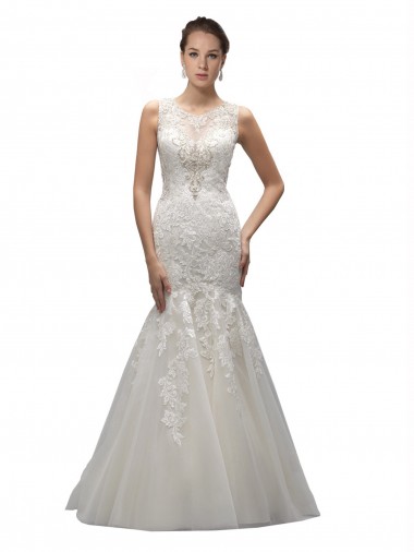 Best Illusion High Neck Mermaid Lace Wedding Dress UK