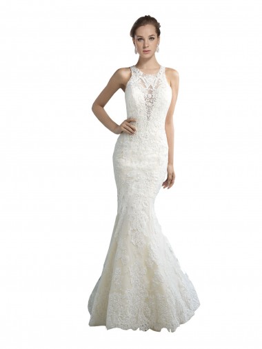 Best Deep Illusion Neck Mermaid Tulle Beach Wedding Dress with All Over Lace UK