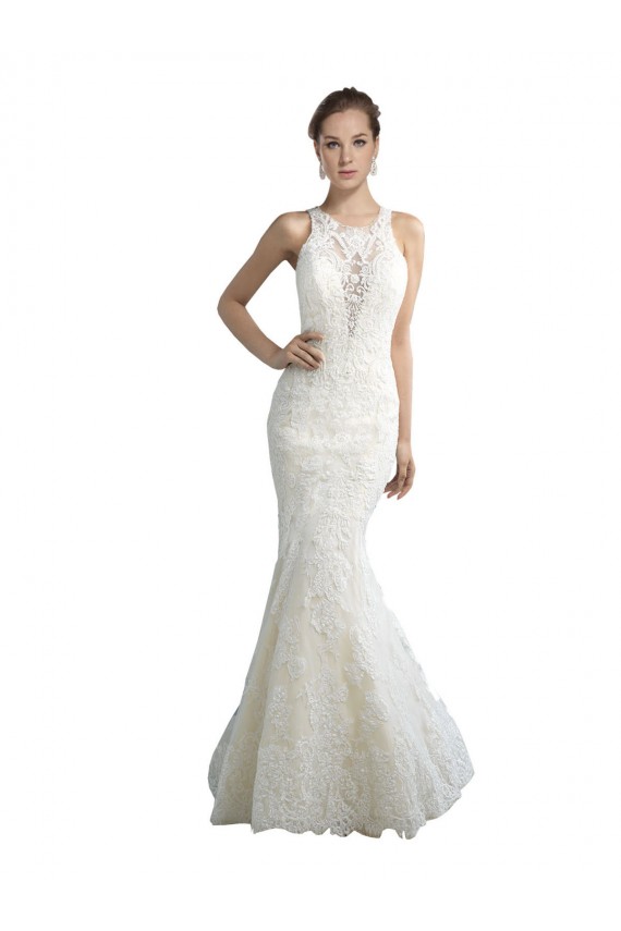 Best Deep Illusion Neck Mermaid Tulle Beach Wedding Dress with All Over Lace UK