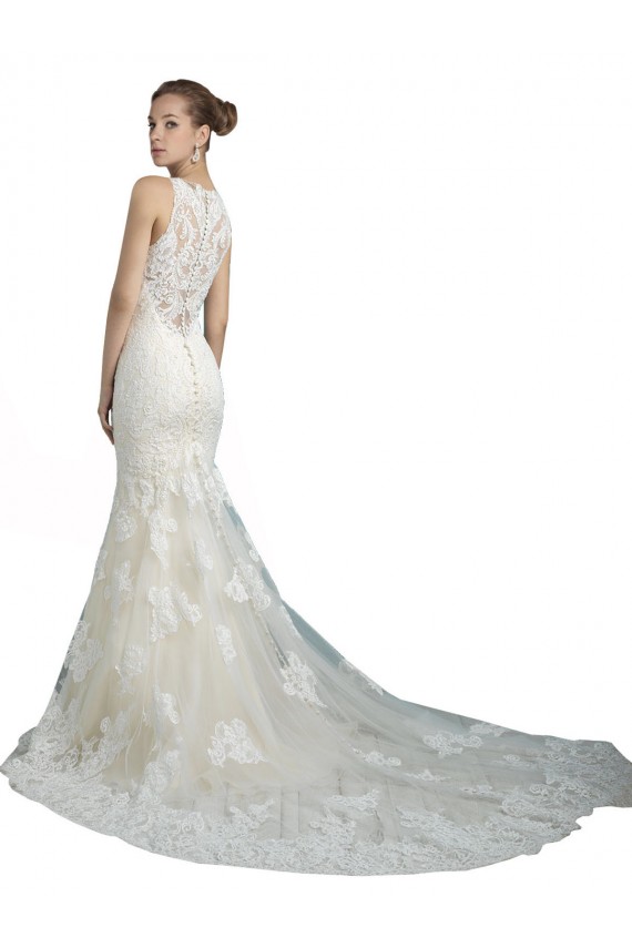 Best Deep Illusion Neck Mermaid Tulle Beach Wedding Dress with All Over Lace UK