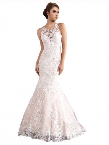 Best Illusion Neck Fit and Flare Tulle Wedding Dress with All Over Lace UK
