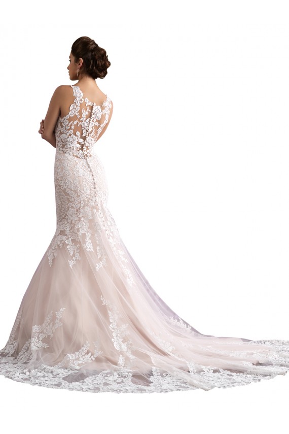 Best Illusion Neck Fit and Flare Tulle Wedding Dress with All Over Lace UK
