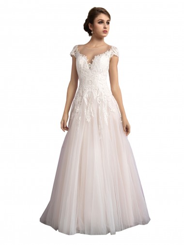Best Illusion Cap Sleeves A-Line Tulle Beach Wedding Dress with Lace Bodice UK