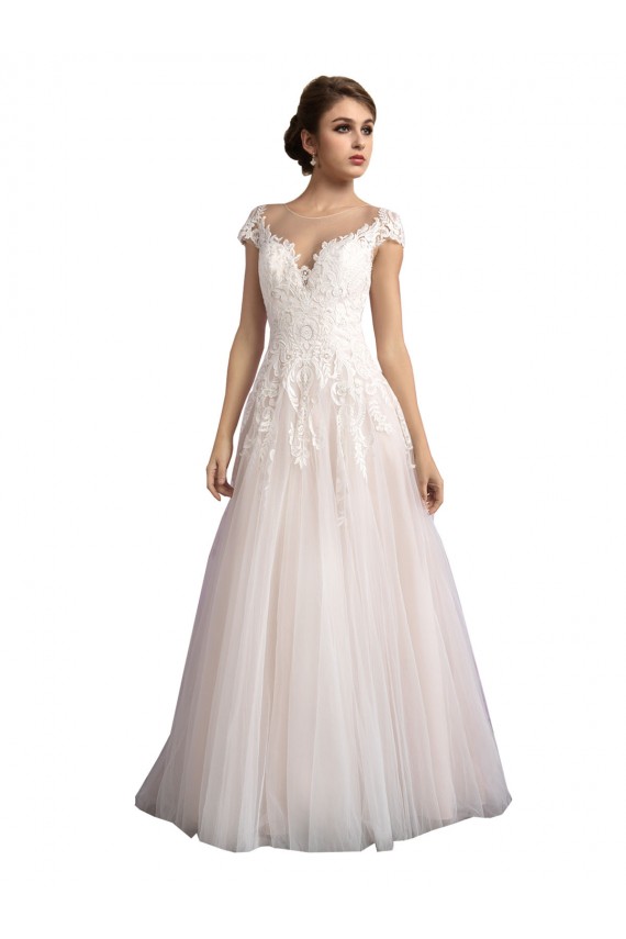 Best Illusion Cap Sleeves A-Line Tulle Beach Wedding Dress with Lace Bodice UK