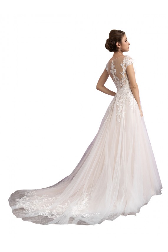 Best Illusion Cap Sleeves A-Line Tulle Beach Wedding Dress with Lace Bodice UK