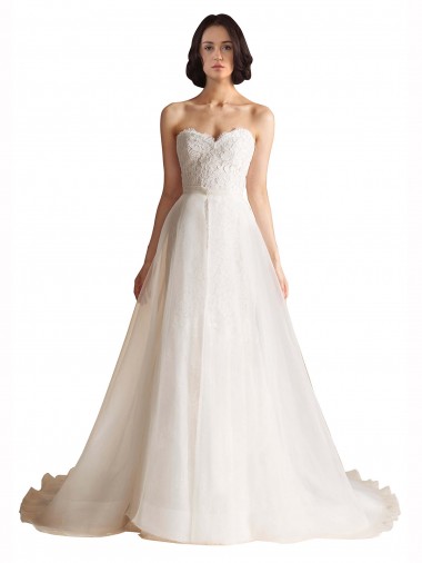 Best Strapless Sweetheart Lace Bodice A-Line Organza Wedding Dress UK