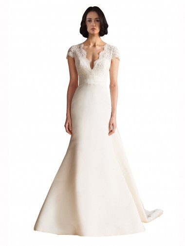 Best V-Neck Lace Bodice A-Line Satin Wedding Dress with Keyhole Back UK