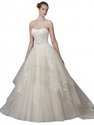 Best Strapless Ball Gown Tulle Wedding Dress with Lace Appliques UK