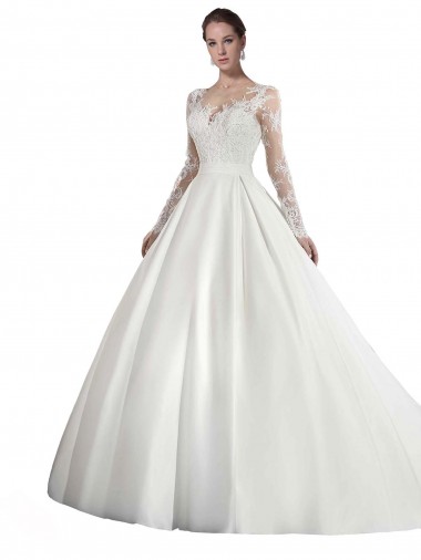 Best Long Sleeves Illusion Neck A-Line Satin Wedding Dress with Lace Bodice UK