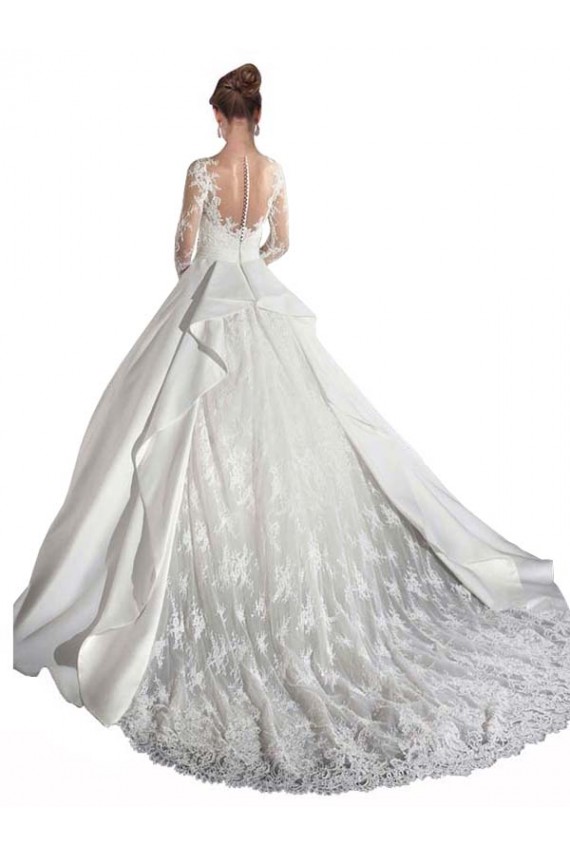 Best Long Sleeves Illusion Neck A-Line Satin Wedding Dress with Lace Bodice UK