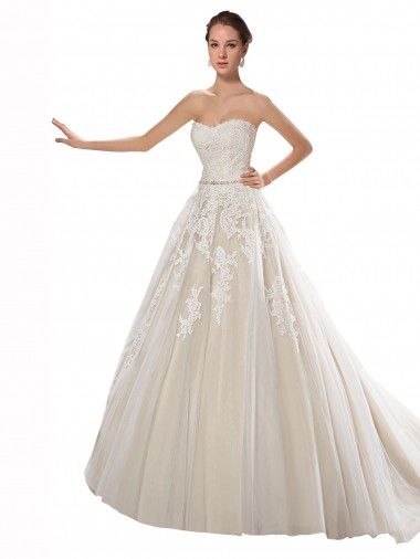 Best Strapless Ball Gown Tulle Wedding Dress with Lace Cascades UK