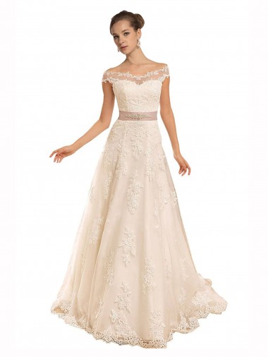 Best Off the Shoulder Illusion Back A-Line Lace Beach Wedding Dress UK