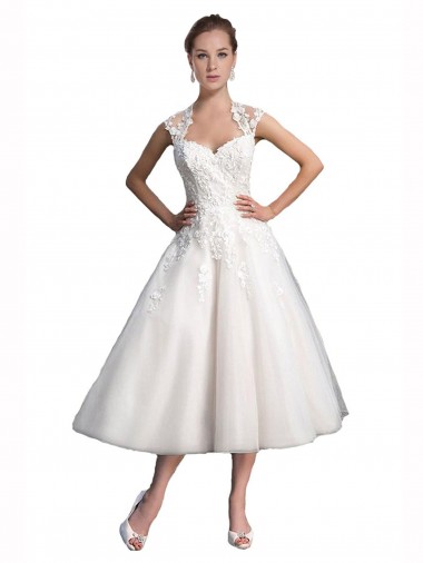 Best A-Line Short Tea Length Sweetheart Tulle Lace Beach Wedding Dress UK