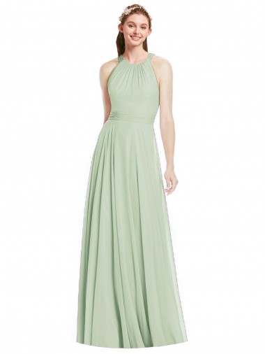 Best Open Back Halter Chiffon Bridesmaid Dress with Flowy Bow UK