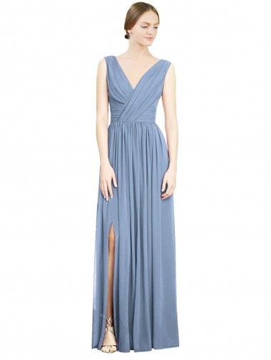 Best Sleeveless Draped Chiffon Maxi Bridesmaid Dress with Front Slit UK