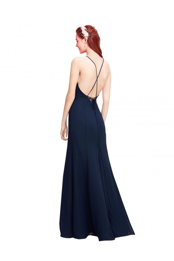 Best High Halter Fit and Flare Long Chiffon Bridesmaid Dress / Prom Dress with Criss Cross Low Back UK