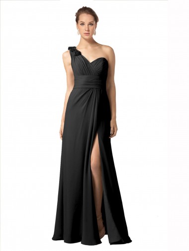 Best Sheer One Shoulder Chiffon A-Line Bridesmaid Dress with Slit UK