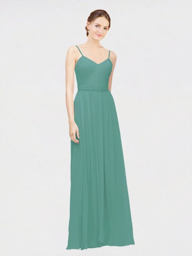 Best Rouched V-Neckline and Spaghetti Straps Long Chiffon Bridesmaid Dress UK