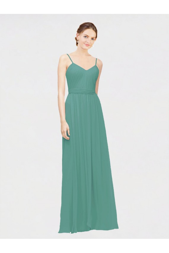 Best Rouched V-Neckline and Spaghetti Straps Long Chiffon Bridesmaid Dress UK