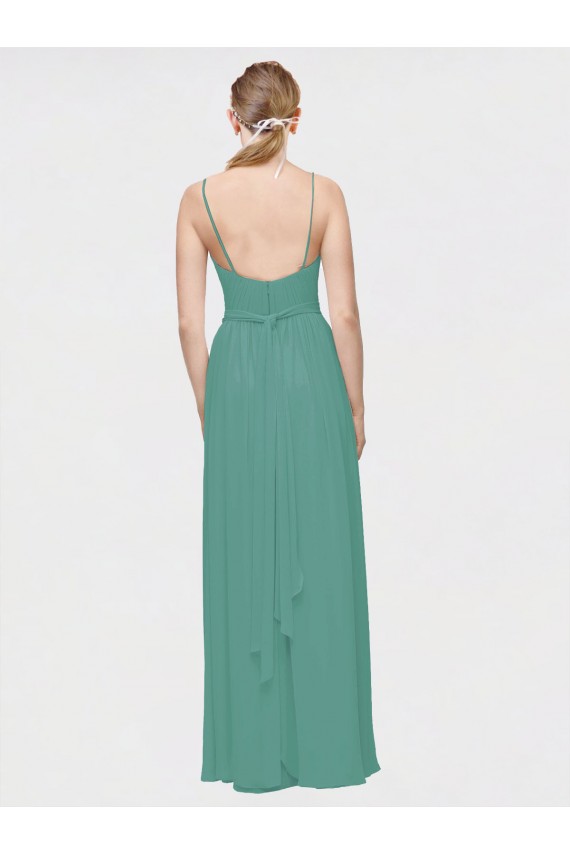 Best Rouched V-Neckline and Spaghetti Straps Long Chiffon Bridesmaid Dress UK