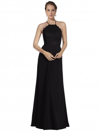 Best Lace Halter Neckline Chiffon A-Line Bridesmaid Dress with Sheer Back UK