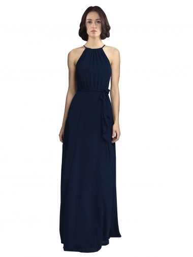 Best High Neckline Floor Length Chiffon Bridesmaid Dress with Belt UK