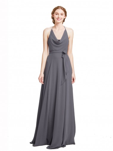 Best Spaghetti Strap Long Chiffon Bridesmaids Dress with Halter Cowl Neck UK