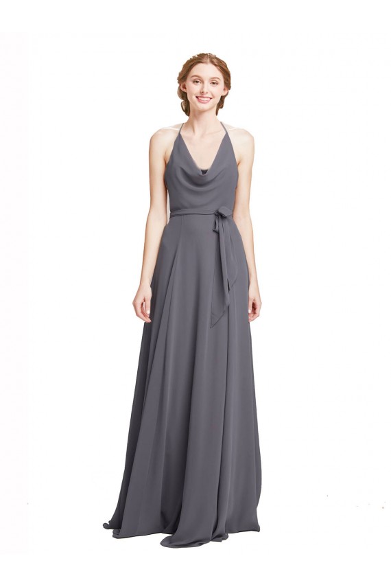 Best Spaghetti Strap Long Chiffon Bridesmaids Dress with Halter Cowl Neck UK
