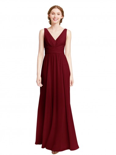 Best Long Chiffon V-Neck Bridesmaids Dress with Double Strap UK