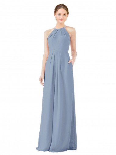 Best Fitted Long High Halter Neck Chiffon Bridesmaid Dress with Keyhole Back UK